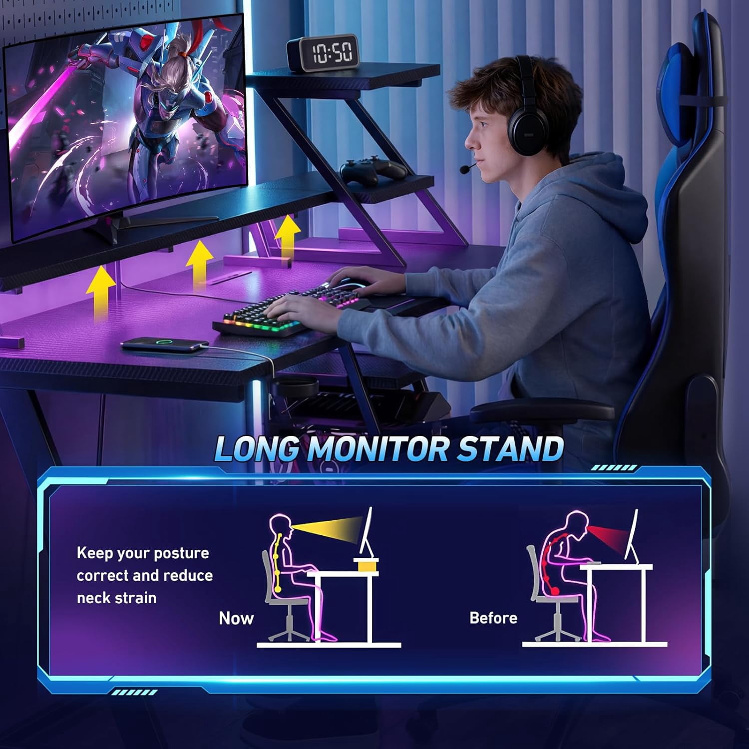 40 Inch Gaming Desk with LED Lights & Power Outlet, L Shaped Computer Gaming Table with Storage Shelves, Reversible Corner Desk with Monitor Stand for Home Office, Carbon Fiber Black