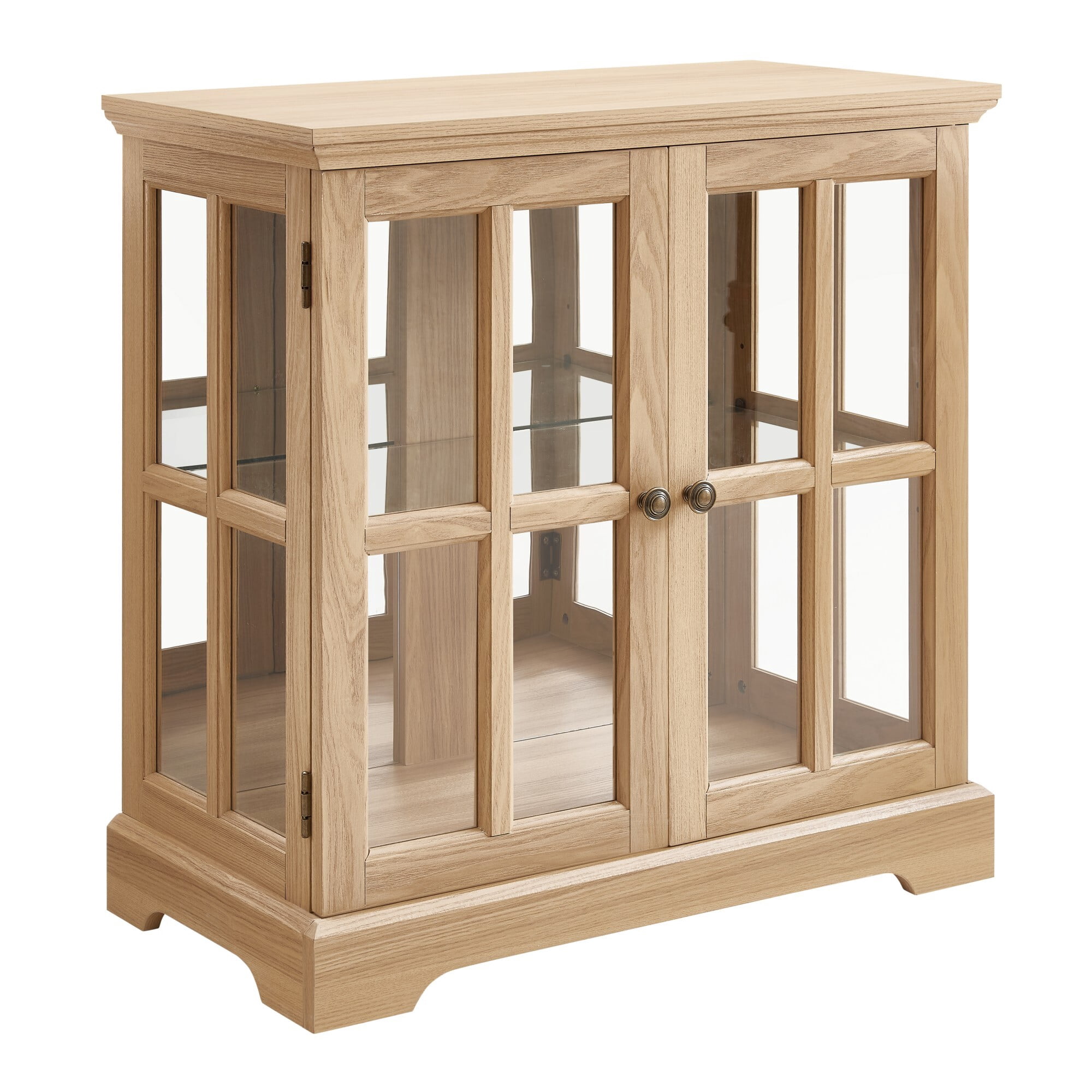 AENKYO Retro LED Glass Display Cabinet with Adjustable Shelf, Vintage Style Curio Showcase for Home, Light Oak