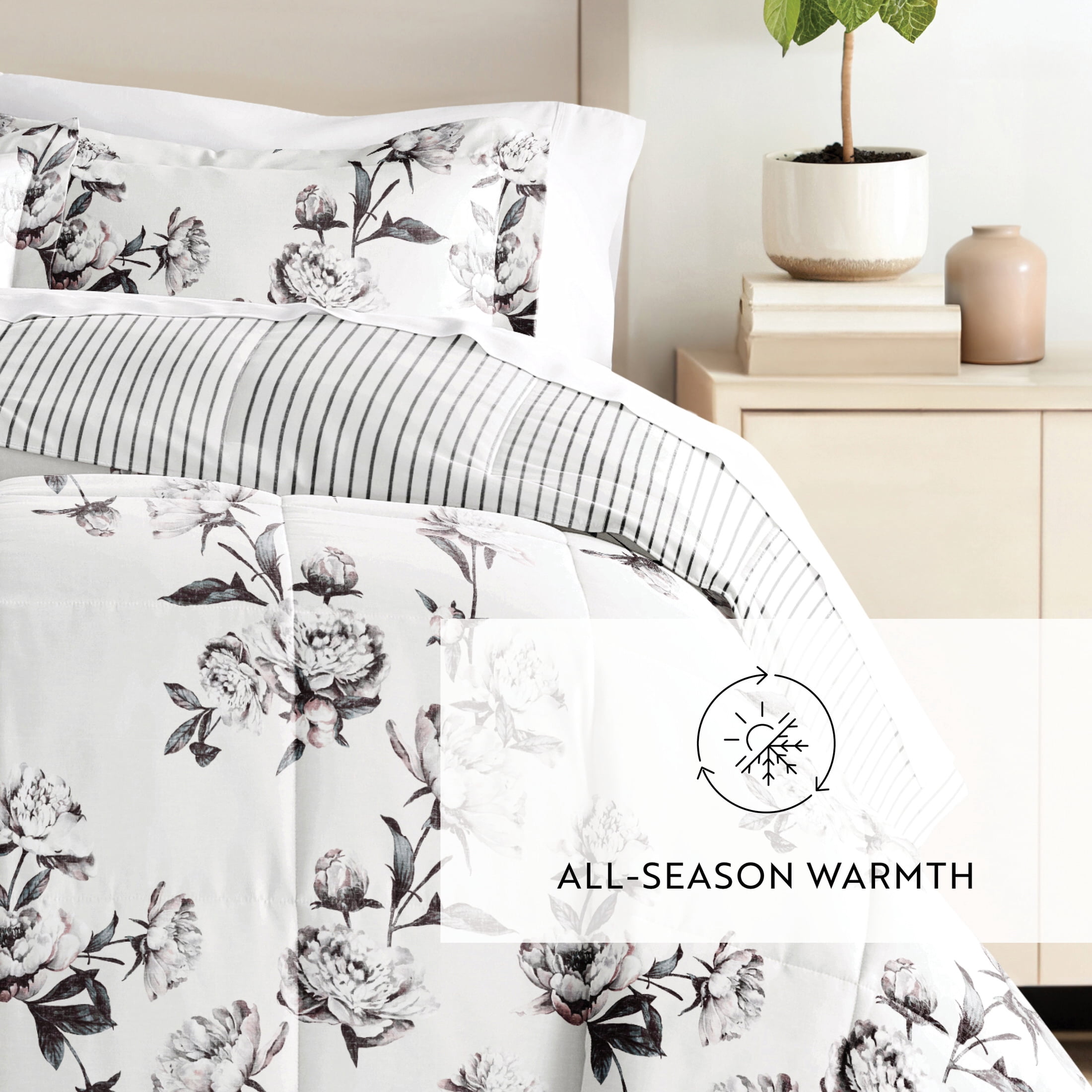 All Season Ultra Soft Comforter Set Lightweight Bedding in Vintage Magnolia Floral Stripe for King/Cal King by Comfort Canopy