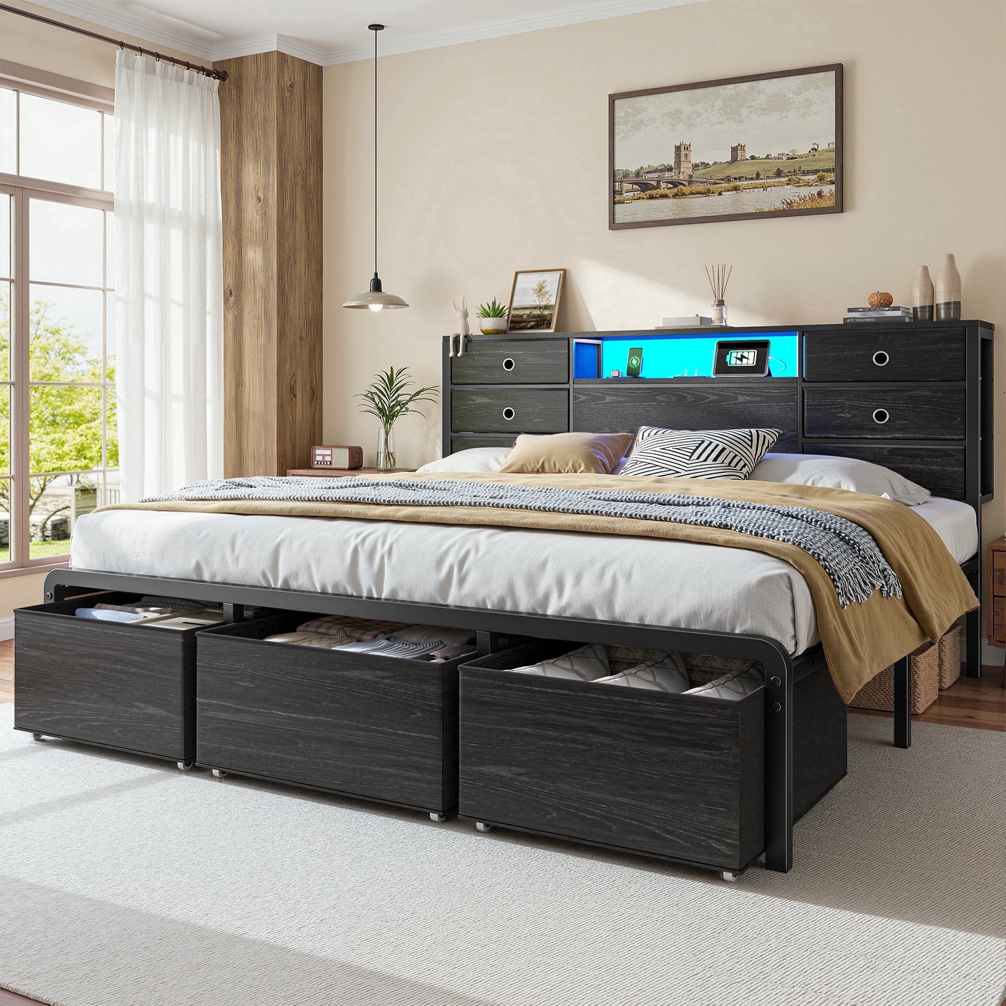 EnHomee Metal Bed Frame with 9 Storage Drawers Metal Bed Frame King with Headboard & LED Light & Charge Station,Black
