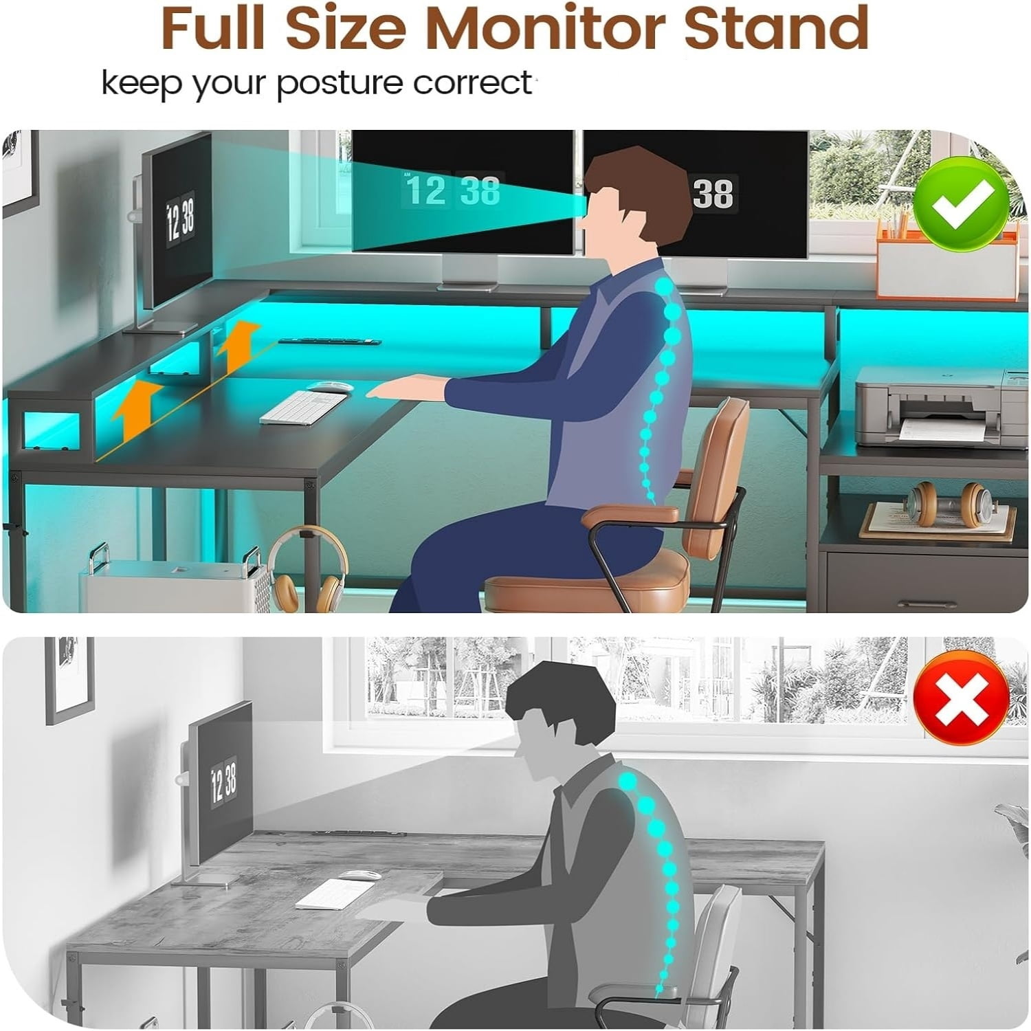 Reversible Computer Desk with Darwers & Monitor Stand, L-Shaped Office Desk with LED Lights & Power Strips, Black
