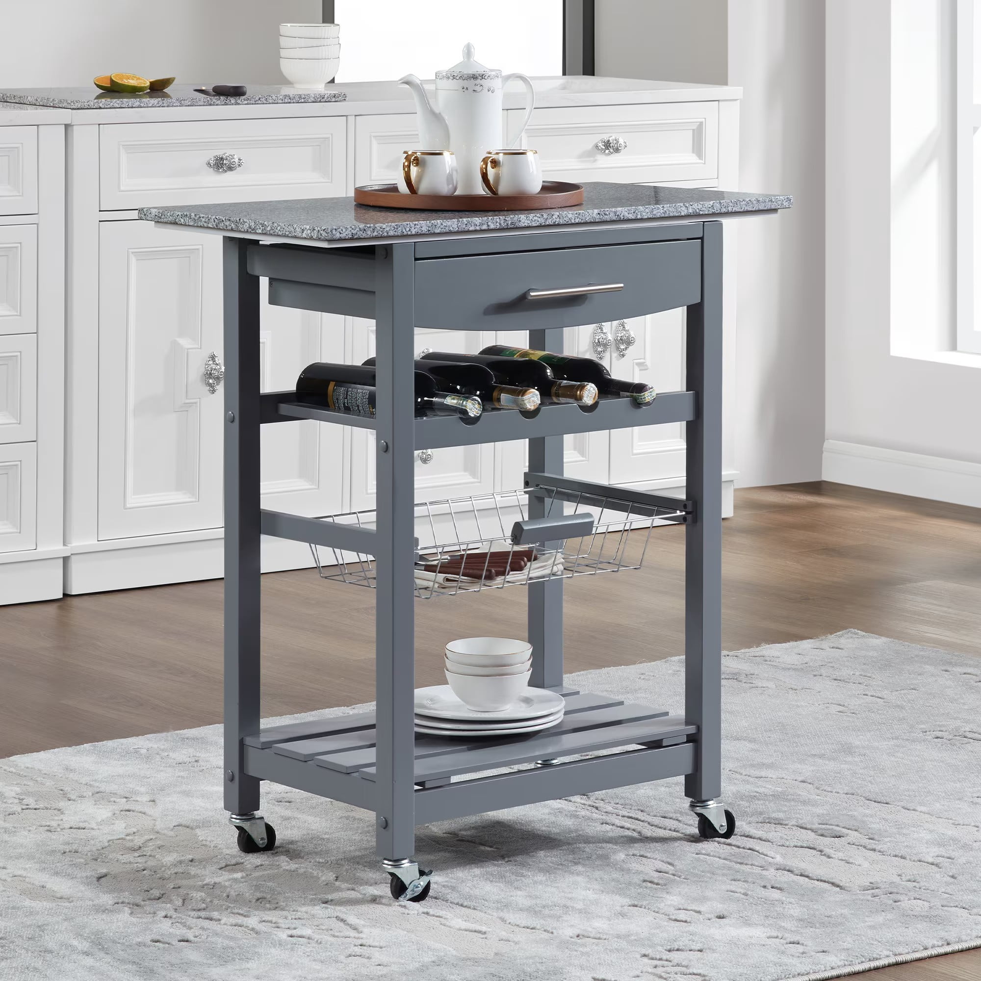 Mobile Rolling Kitchen Island Cart with Marble Top, Kitchen Trolley with Drawer & Slide-Out Wire Basket, Lockable Wheels, Portable Serving Cart for Kitchen, Dining Room, Grey