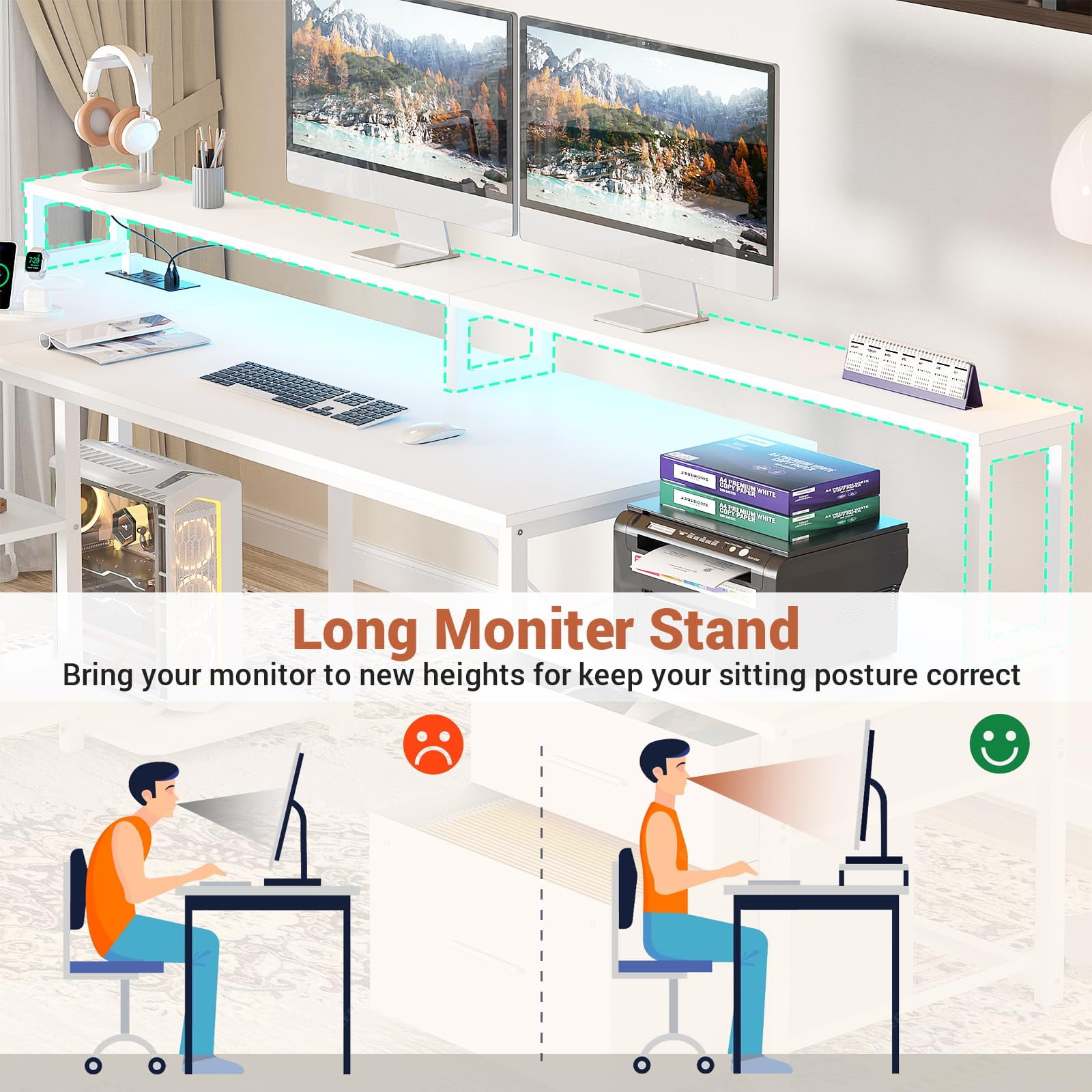 Homieasy L Shaped Desk with Power Outlet, Reversible L Shaped Computer Desk with File Drawer & Monitor Stand, Gaming Desk with LED Strip, Home Office Desk Corner Desk with Storage Shelf, White