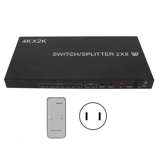 Interruptor de interfaz multimedia HD 2x8 4Kx2K Distribuidor de interfaz multimedia HD de 2 entradas y 8 salidas con control remoto IR Enchufe estadounidense