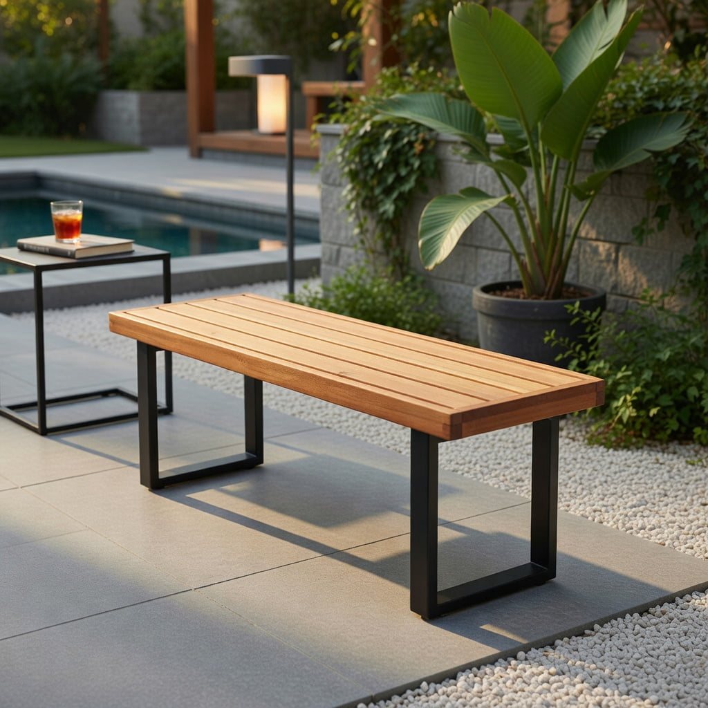 Hommoo 48" Acacia Wood Outdoor Patio Bench, Sturdy Dining Bench for Garden, Deck or Entryway, 2-Person Seating, Heavy-Duty Metal Frame, Natural & Black