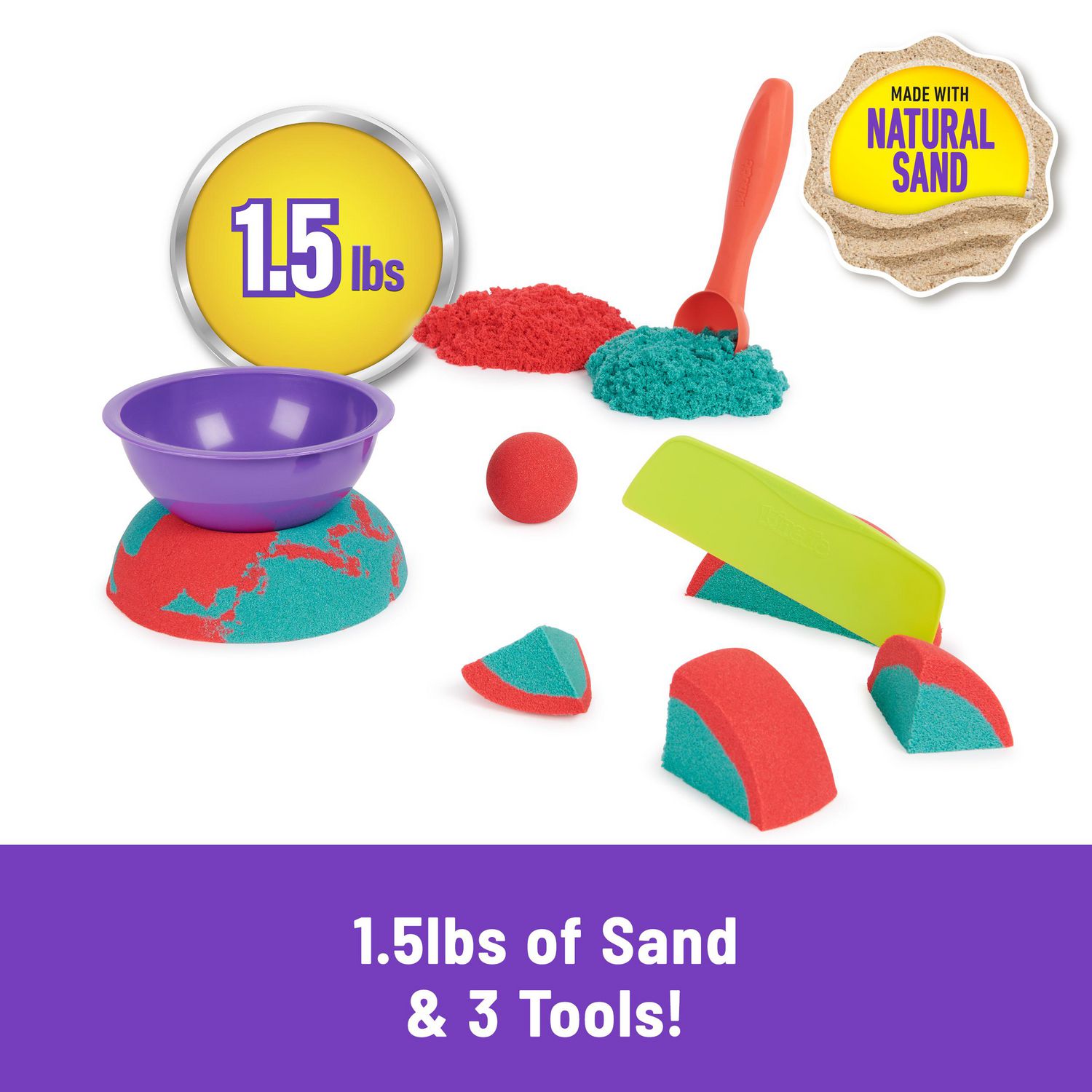 Kinetic Sand Mold n’ Flow, 1.5 Red and Teal Play Sand, 3 Tools Sensory Toys for Kids Ages 3+