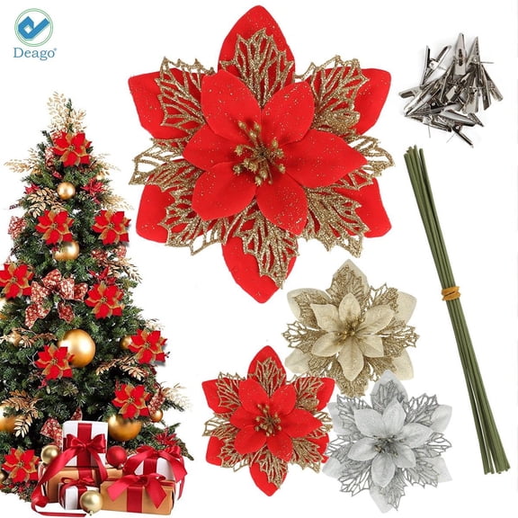 Deago 24 Pcs 6.3in Christmas Glitter Artificial Poinsettia Flowers Decorations with Clips and Stems Christmas Tree Ornaments for Xmas Wedding Party Wreath DIY (Red)