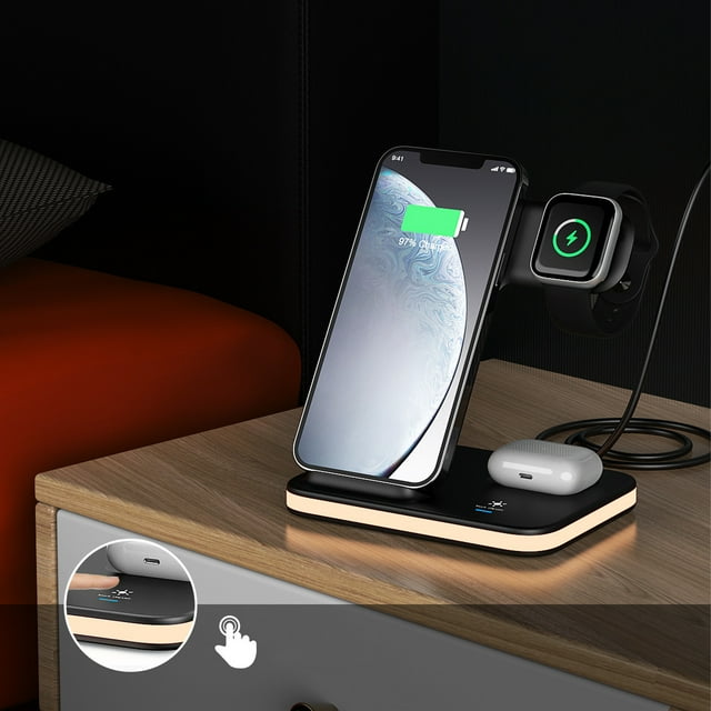 Estación de carga inalámbrica con luz nocturna Estación de carga 4 en 1 para dispositivos múltiples Soporte de cargador inalámbrico de 15 W compatible con iOS/Android-Negro