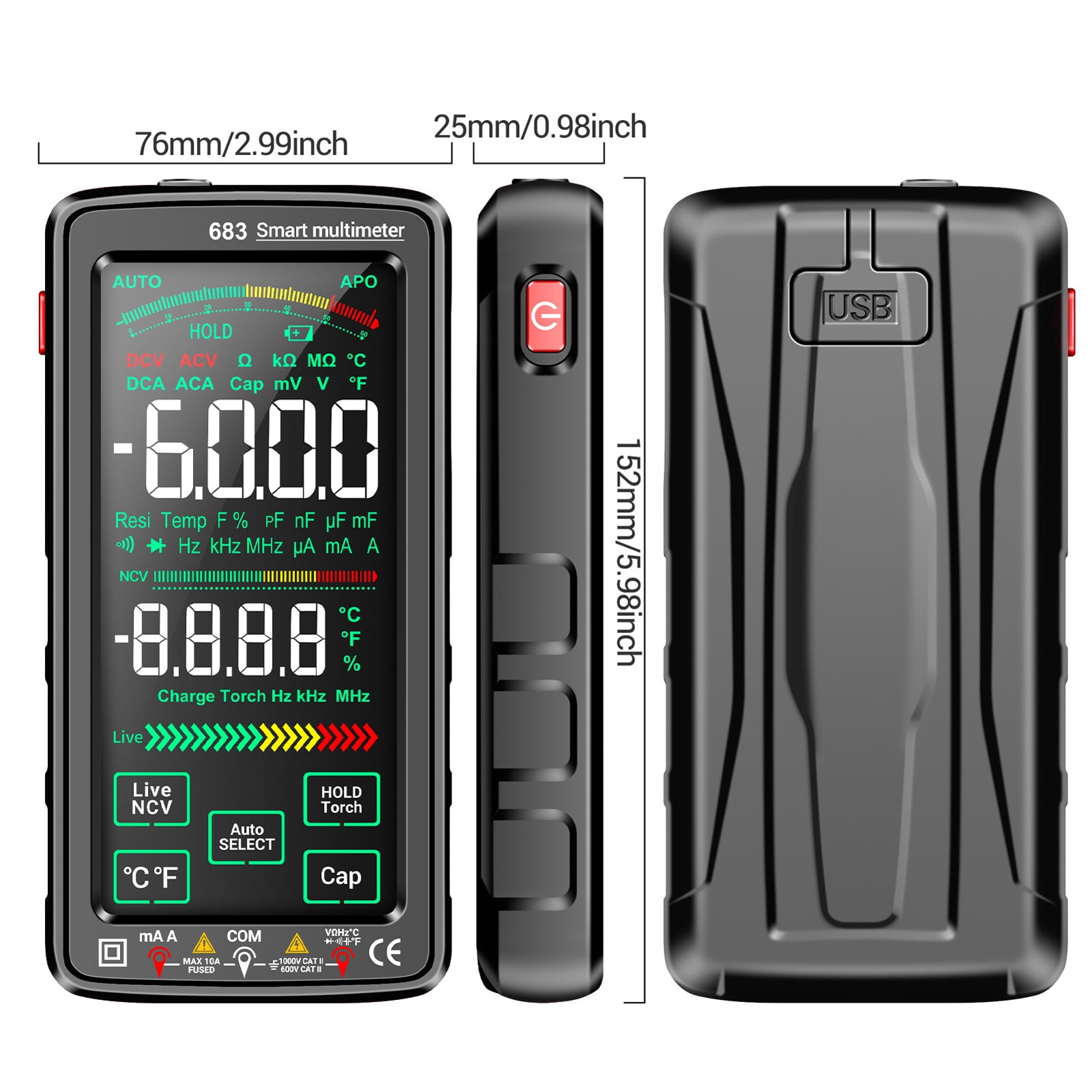 Smart Sensor Touch Screen Multimeter, 6000 Counts Display, NCV Induction, Flashlight, Rechargeable Lithium Battery, Silicone Protective Sleeve, Electrician Tool