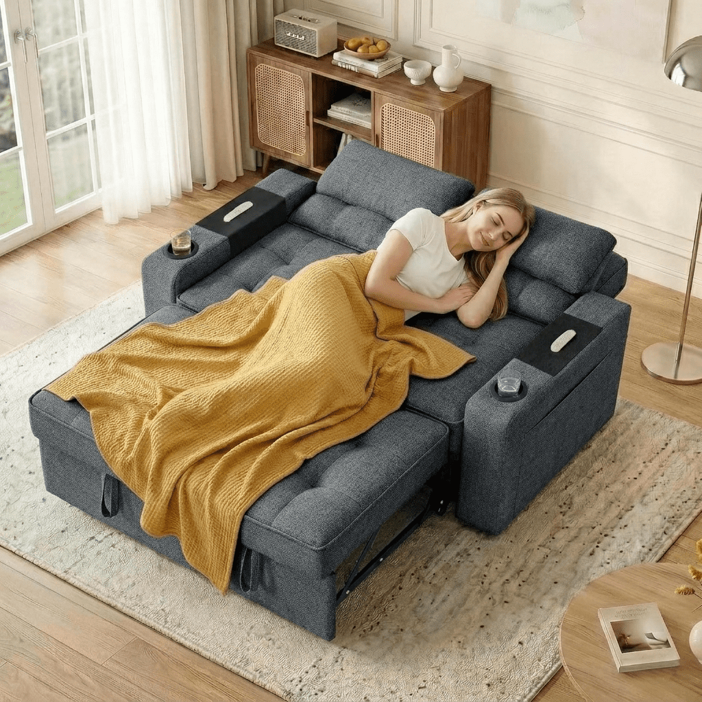 58" Convertible Sofa Bed Pull Out Couch Sleeper Loveseat with Teddy Fabric USB Charging Ports Adjustable Backrest Cup Holders and Side Pocket for Living Room Apartment Small Spaces,Dark Grey