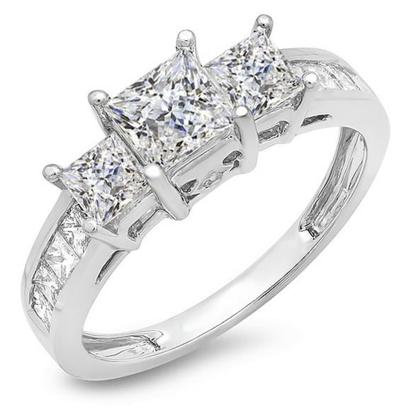 Dazzlingrock Collection 2.00 Carat (ctw) 14k Princess & Round Diamond Bridal 3 Stone Engagement Ring 2 CT, White Gold, Size 10
