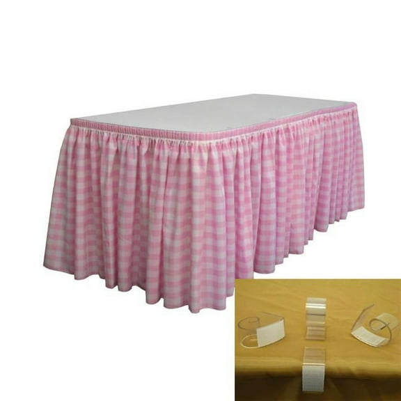 LA Linen SKTcheck30x29-15Lclips-PinkK37 Oversized Checkered Table Skirt with 15 L-Clips, White & Pink - 30 ft. x 29 in.
