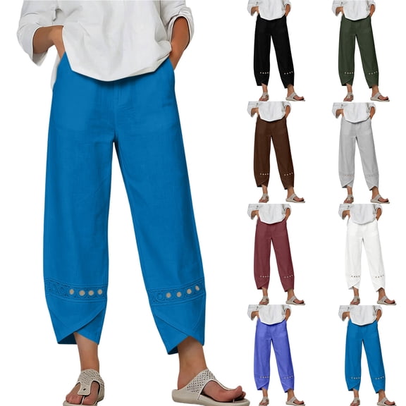 Admvng Balloon Pants for Women Summer Crochet Lace Hem Vacation Casual Boho Linen Trousers