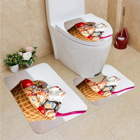 Hot Fudge Sundae Ice Cream - GOHAO Fancy Ice Cream Sundae Hot Fudge Sprinkles Cherries 3 Piece Bathroom Rugs Set Bath Rug Contour Mat and Toilet Lid Cover