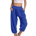 thumbnail image 2 of Stamzod Womens Cropped Pants Summer Solid Color Stretch Waist Capri Pants with Pocket Casual Loose Pull On Capris for Women Blue A M, 2 of 7