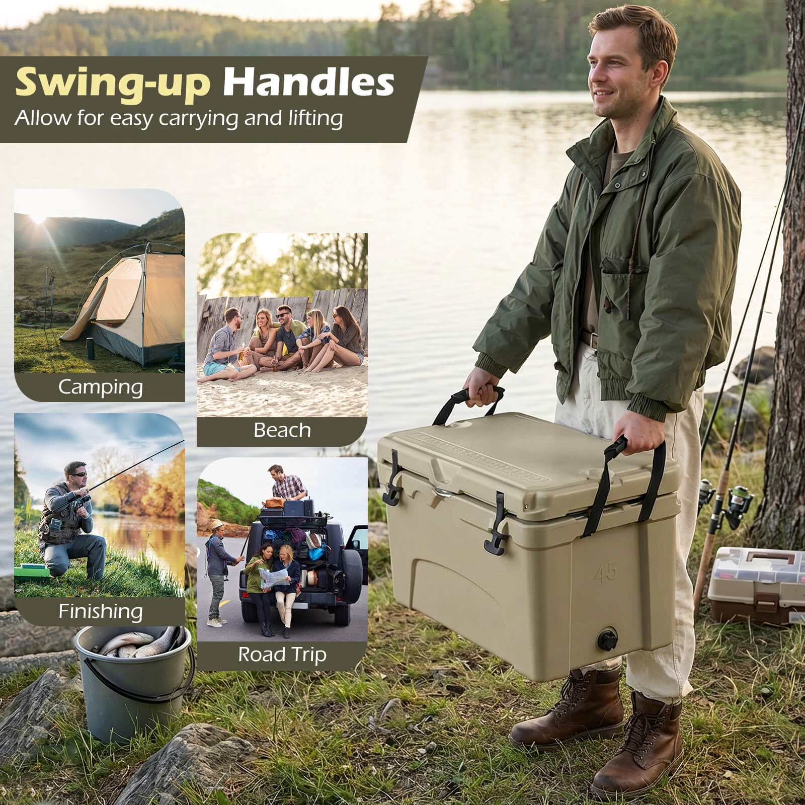 Costway 45 Quart Portable Hard Cooler, Insulated Ice Chest Keeps Cool for up to 6 Days Khaki