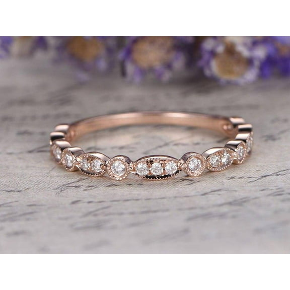 0.25 Carat Wedding Band Flower Design Antique Style in Solid 10k Rose Gold