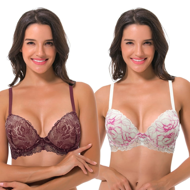 Curve Muse Women's Underwire Plus Size Push Up Add 1 and a Half Cup Lace  Bras-2PK-Lime Cream/Hot Pink,Mauve/Rose Gold-46DD 