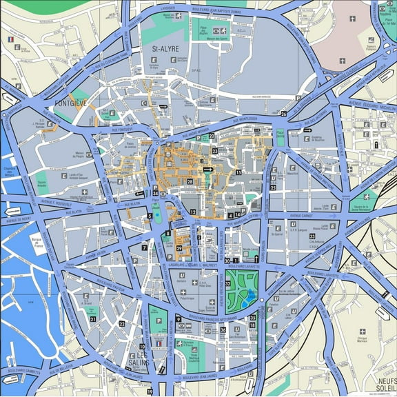 24"x24" Heavyweight Photo Paper Quality Poster: Clermont-Ferrand city center map