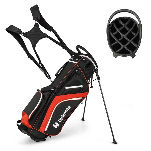 Costway Lightweight Golf Stand Bag with 14 Way Top Dividers 6 Pockets Cooler Bag Rain Hood Red