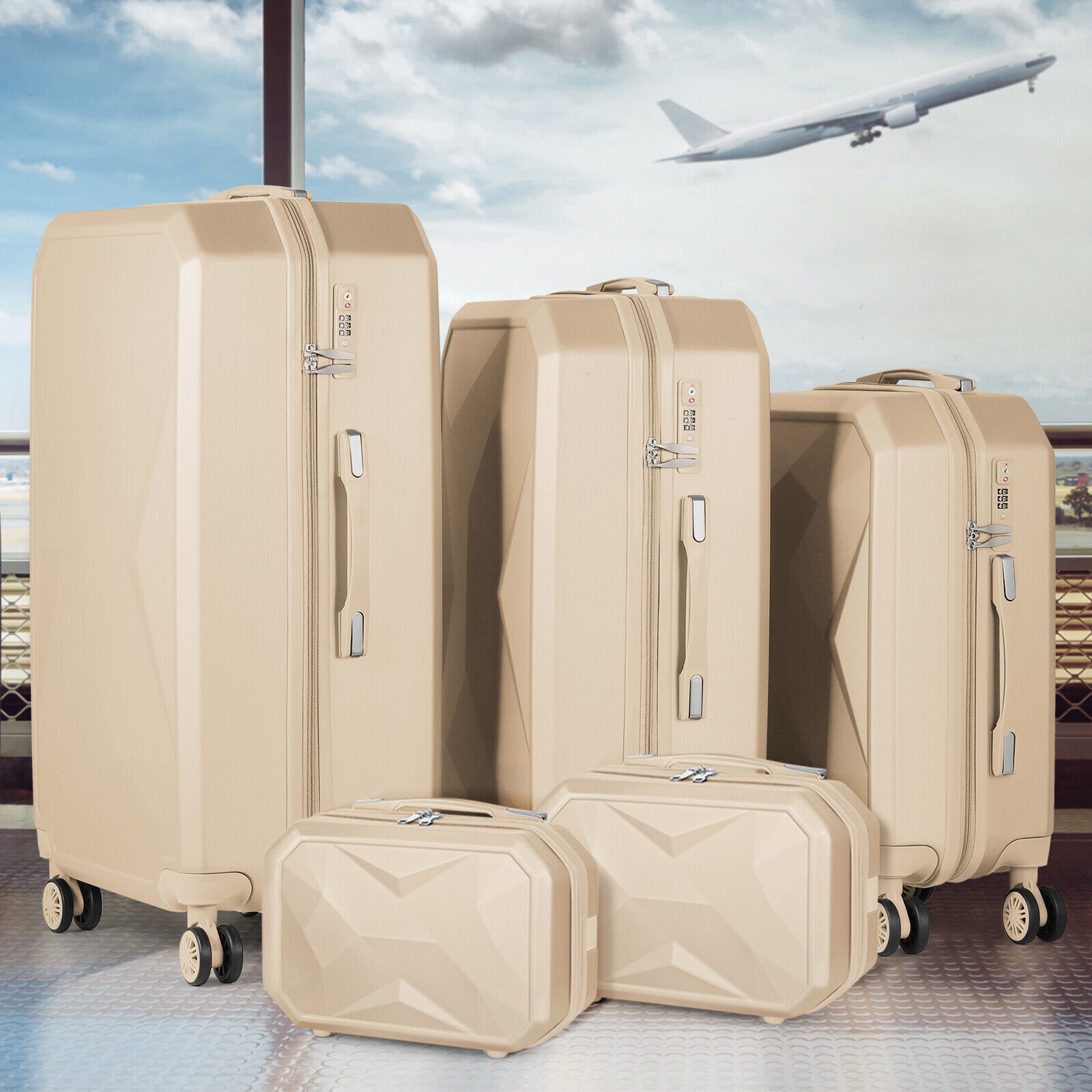 Hikolayae Sunshine Collection Hardside Spinner Luggage Sets in Stripe Champagne, 5 Piece - TSA Lock