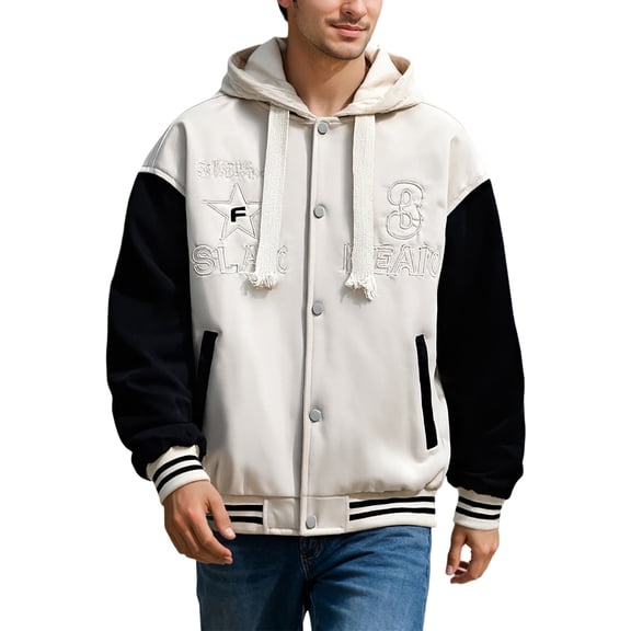 KHONTS Men's Varsity Jacket Color Block Letter Graphic Long Sleeve Baseball Jacket Bomber Coat White XL