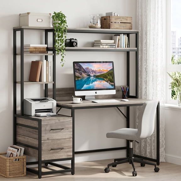 55 Inch Computer Desk With 2 Drawers and Storage Hutch Home Office Desk Writing Table Gaming Workstation For Small Space Grey