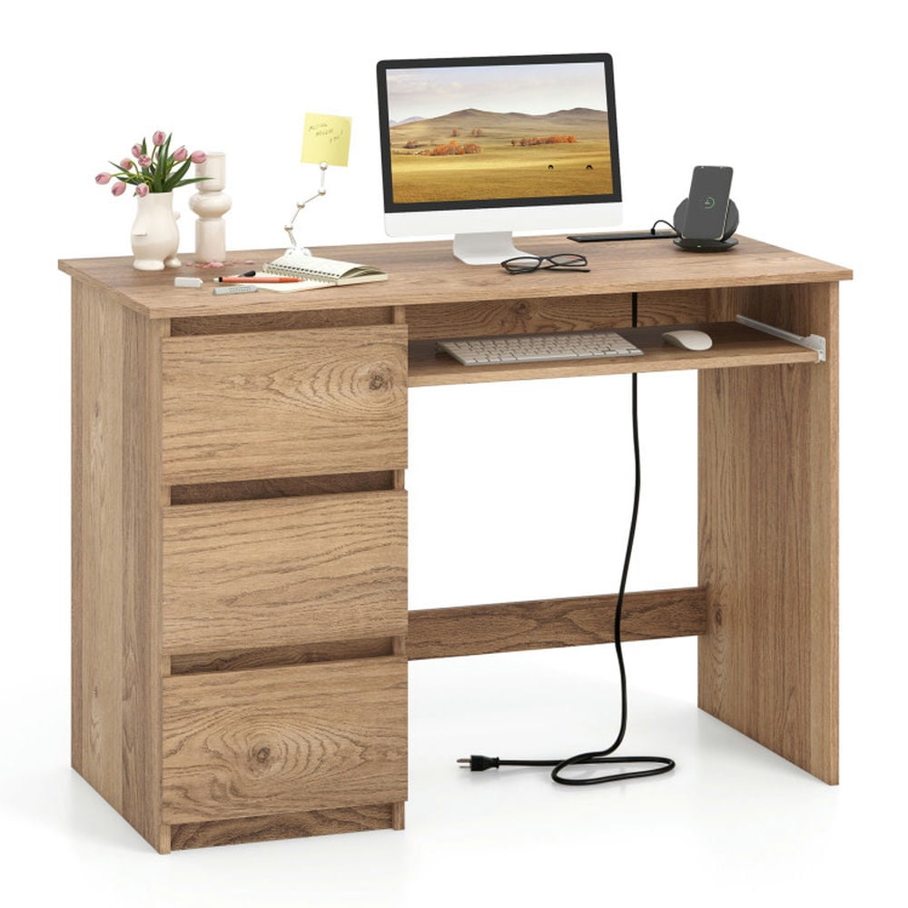 Barara King Writing Desk,Writing Workstation, Computer Desk with Power Outlet Keyboard Tray and 3 Large Drawers-Natural