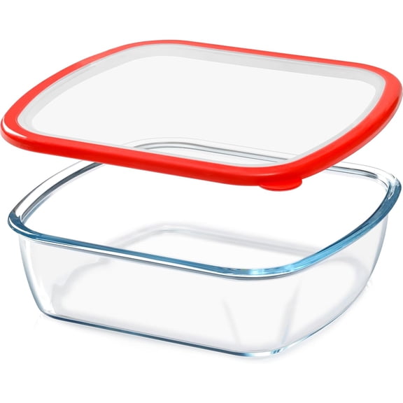 2.7 QT Square Glass Baking Dish with Red Lid, 9x9 Deep Oven-Safe Dish
