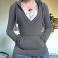 thumbnail image 4 of Sudadera con Capucha para Mujer, de Otoño, de Larga, Holgada, con Encaje, Cuello en V y Bolsillos. Gris S, 4 of 6