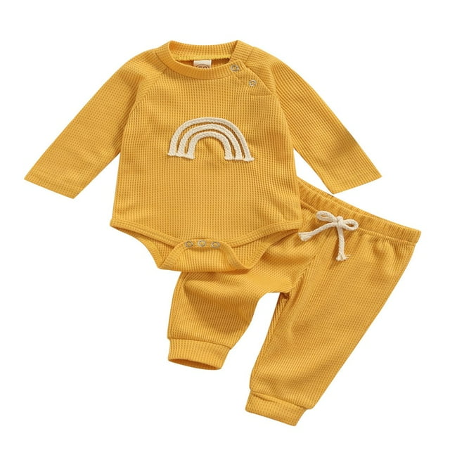 EIMELI Newborn Infant Baby Ribbed Pajamas Set Long Sleeve Ranibown Romper Pants Autumn Outfits Clothes Light Coffee 12-18 Month
