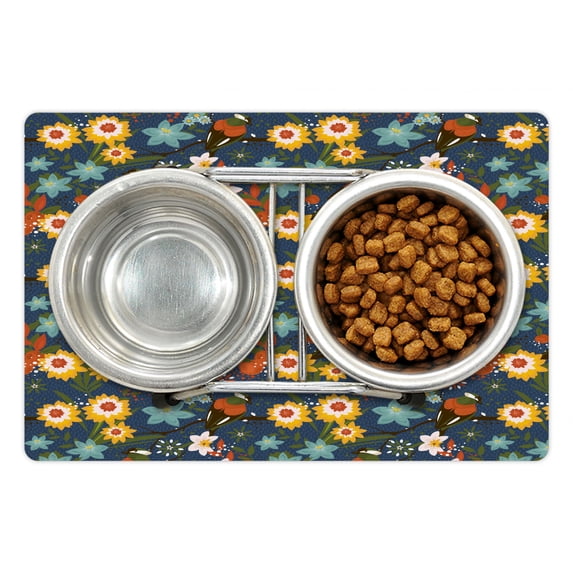 Floral Pet Mat for Food and Water, Vintage Birds Blossoms Art Abstract Arrangement with Berries Print, Non-Slip Rubber Mat for Dogs and Cats, 18" X 12", by Ambesonne