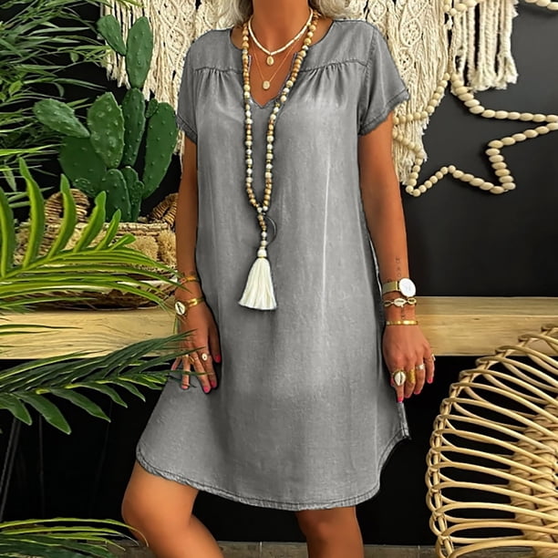 Puntoco Vestido De Manga Corta Con Cuello En V, Vestido Hasta La Rodilla De Mezclilla Lavada Con Cuello En V De Manga Corta Para Mujer De Primavera Y Verano Gris L