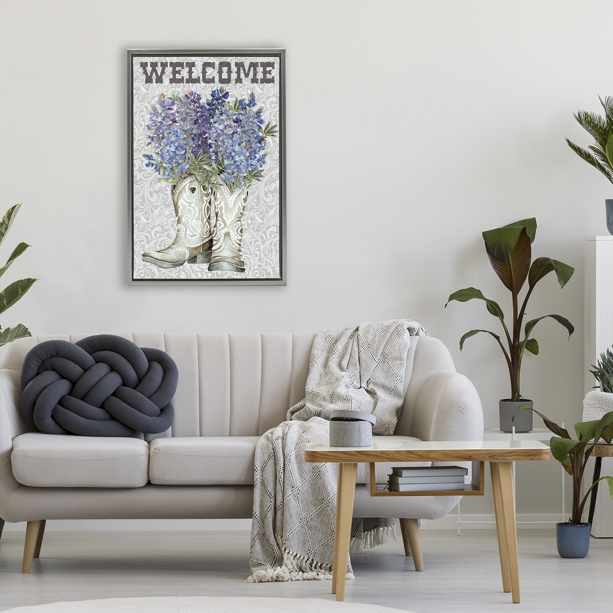 Stupell Industries Welcome Bluebonnet on Paisley Gray Framed Floater Canvas Wall Art, design by Cindy Jacobs