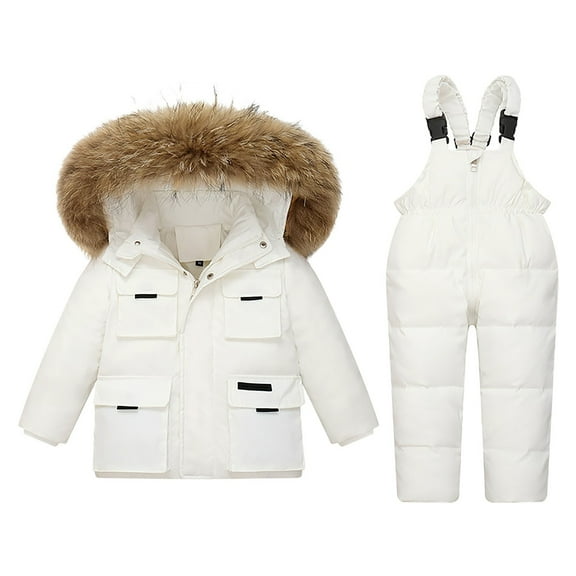 Ruyang Baby Girls 2 Piece Snowsuit Toddler Boys Winter Padded Puffer Snow Suit Hooded Ski Jacket Zip Up Bib Pants Set