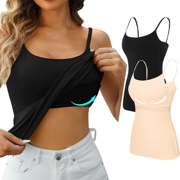 Spaghetti Strap Tank Top Layered Tank Top Women's Tanks & Camis Cotton Camisole Tops Bra Tank Camisole Tops Basic Breathable Tank Tops With Built In Bras Summer Cami Shirt Everyday Wear 2PCS Beige L