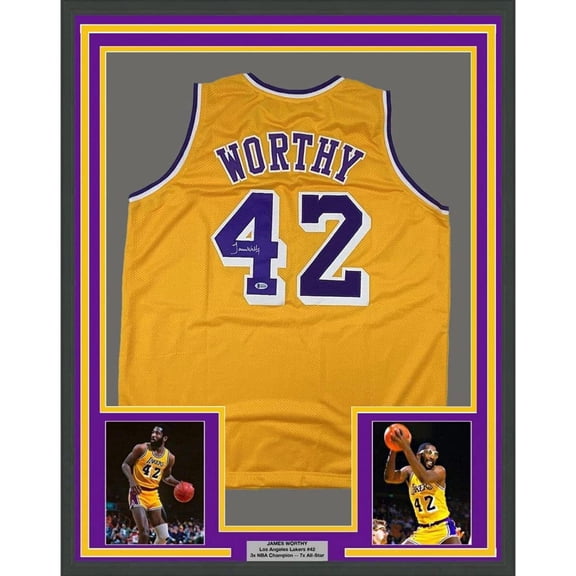 Framed Autographed/Signed James Worthy 35x39 Los Angeles LA Yellow Basketball Jersey Beckett BAS COA