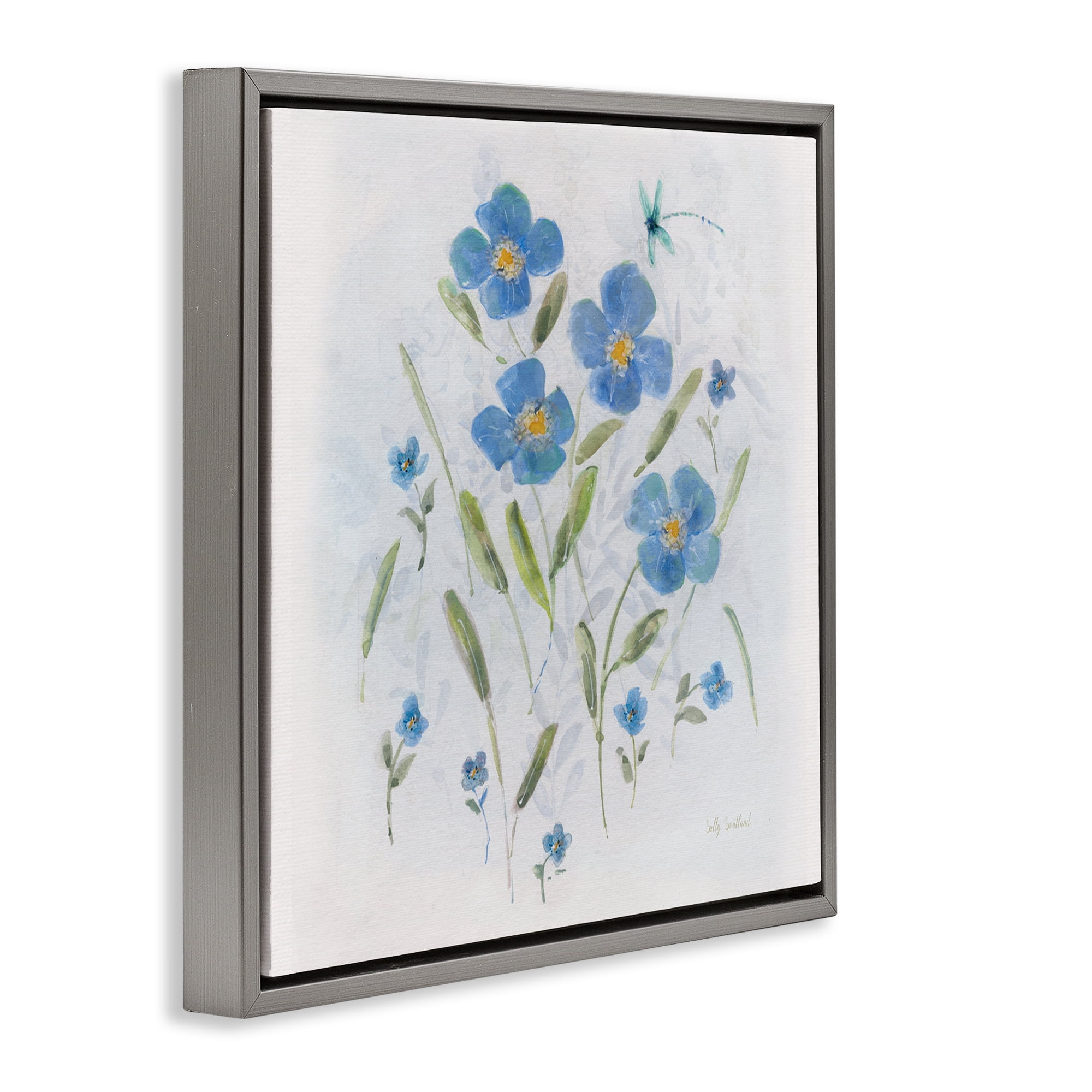 Stupell Industries Dragonfly & Blue Florals Plants & Flowers Painting Gray Floater Framed Canvas Art Print Wall Art, 18 x 18