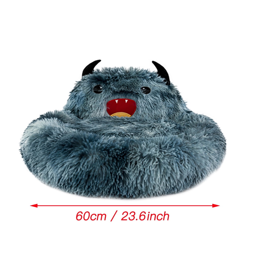 PureCasa Semi-Enclosed Cute Dog Cat Bed for Fall Winter, Comfortable Long Plush Fluffy Pet Pad House Thermal Kennel, Creative Sleeping Cushion Pads for Small Cats Dogs, Round, 1 Pack, L, Blue