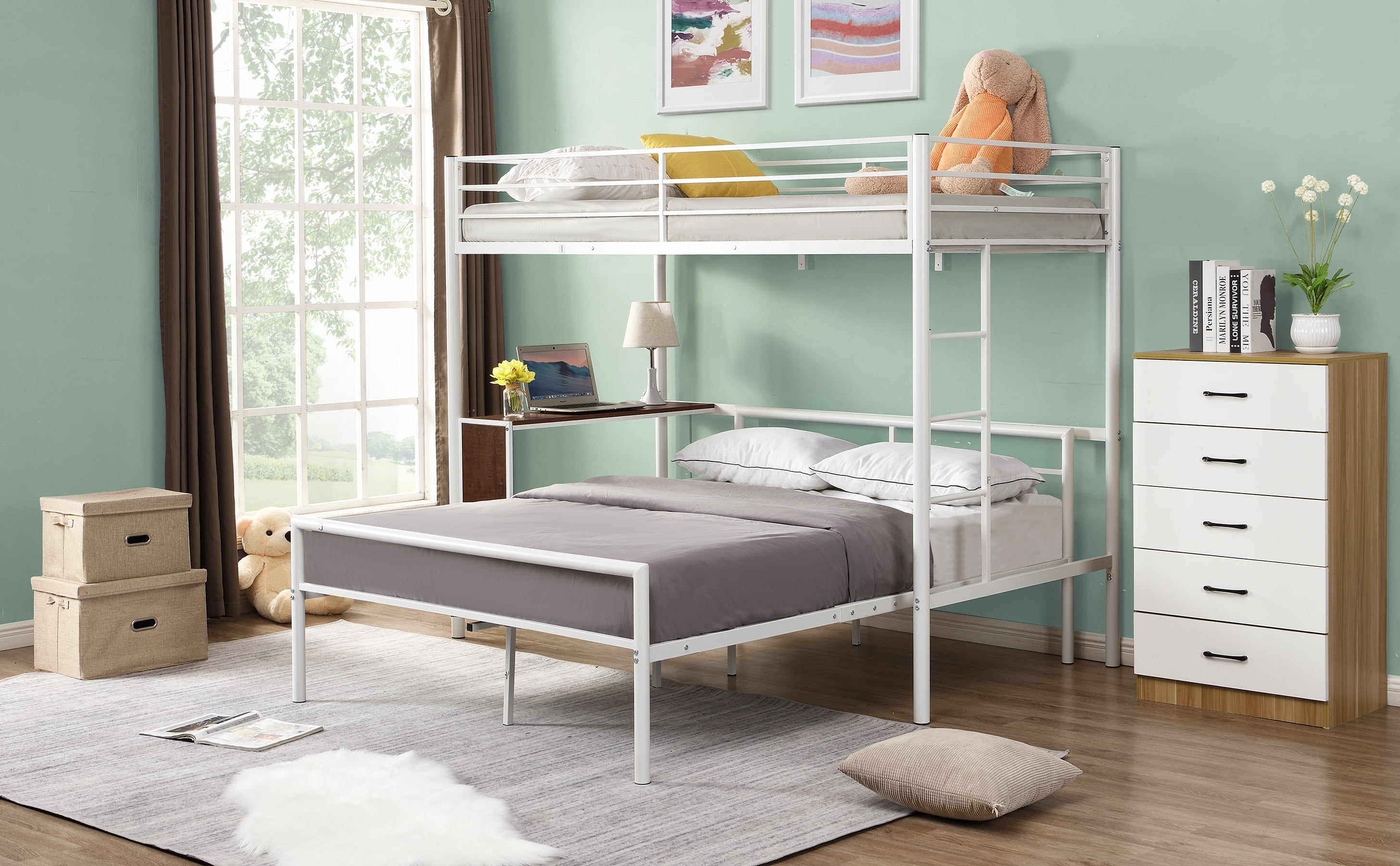 Twin Over Full Metal Bunk Bed With, Bunk Beds With Built In Desk And Drawers