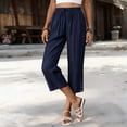 thumbnail image 4 of Capris for Women with Pockets Petite Pants Drawstring Casual Pull on Palazzo Trousers with Pockets Loose High Waisted Wide Leg Lounge Pants Navy L, 4 of 7