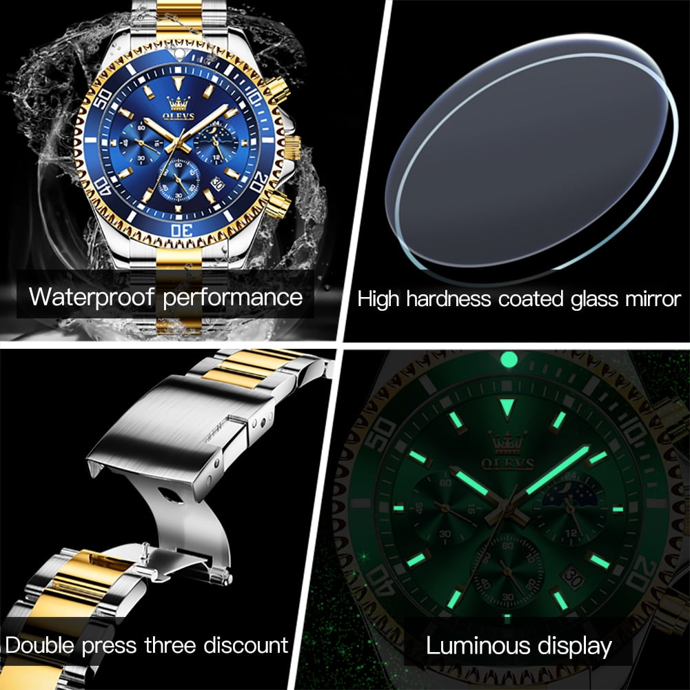 OLEVS Watches for Men Luxury Analog Quartz Chronograph Business Dress Gold Plated Stainless Steel Moon Phase Waterproof Luminous Date Casual Mens Wrist Watches Reloj Para Hombre