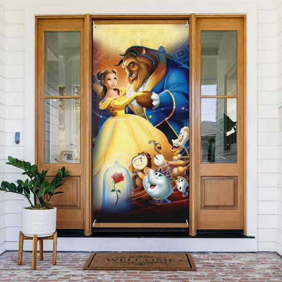 Door Decorations Banner Beauty And Beast Door Cover for Porch Party Indoor/Outdoor 72.8 x 35.4 Inch