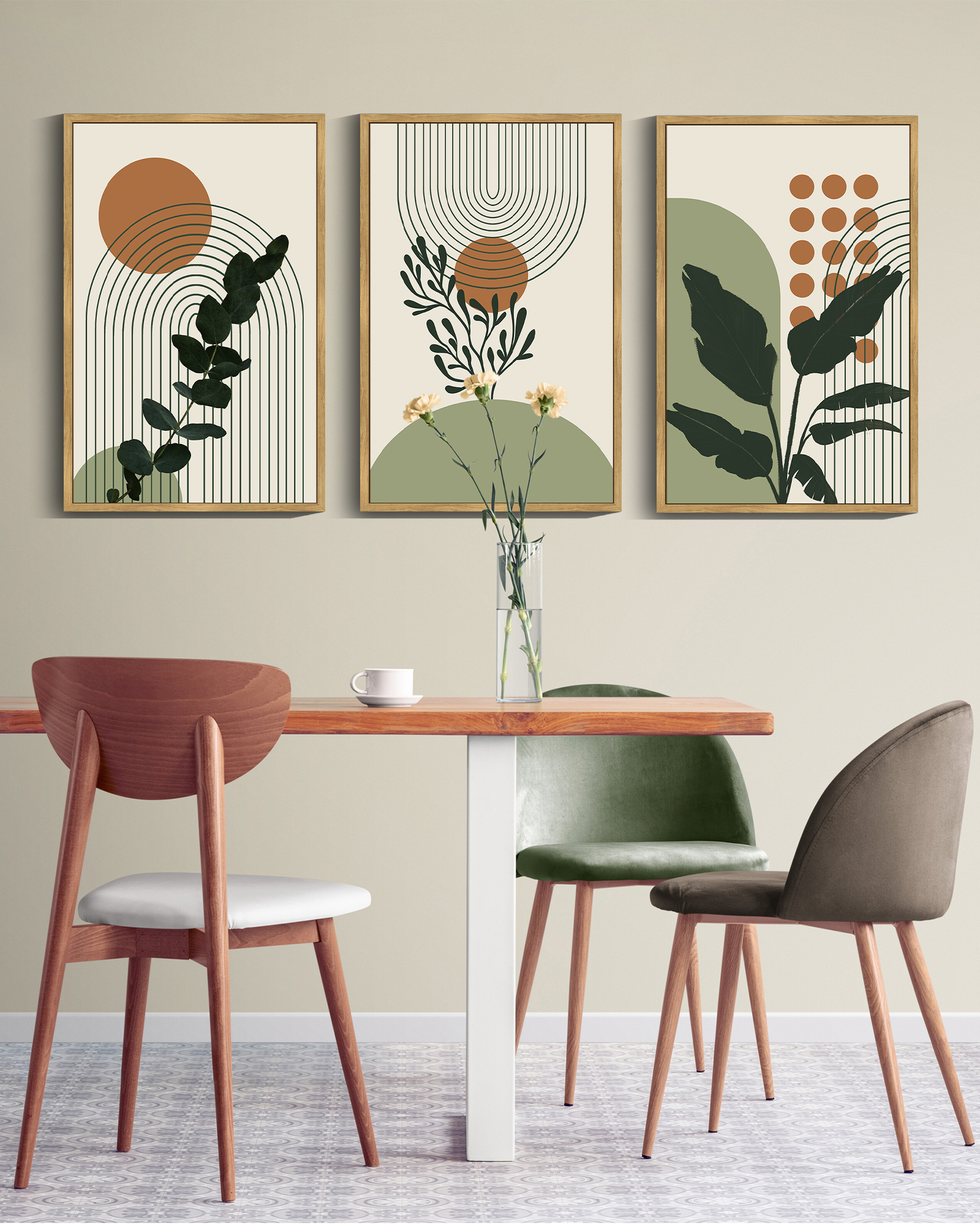 16x24in Natural Framed Boho Plant Wall Art Green Botanical Bohemain Wall Printing Abstract for Office Dining Room Hallway Canvas Prints with Leaf & Sun Lines