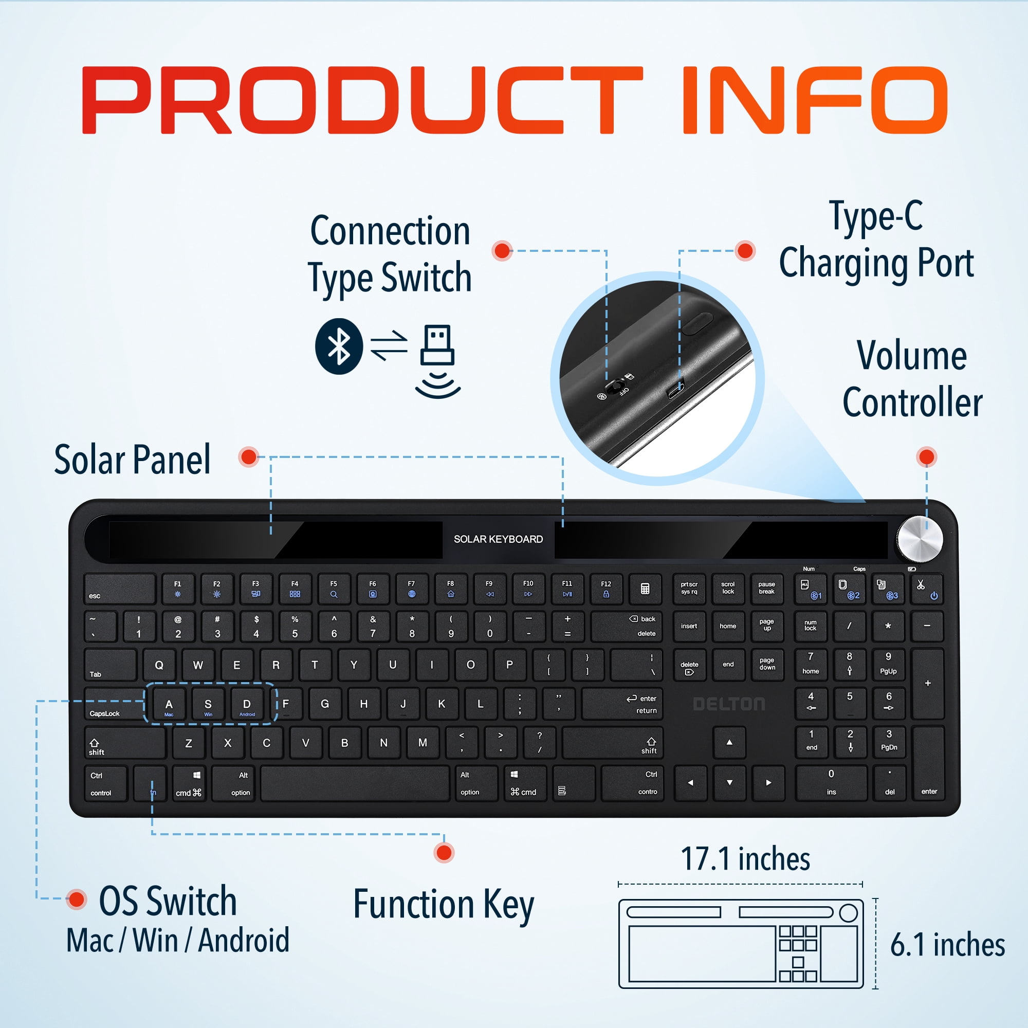 Delton KB90 Wireless Solar Rechargeable Keyboard, Bluetooth Keyboard for Computer/Desktop/PC/Laptop/Windows - Black