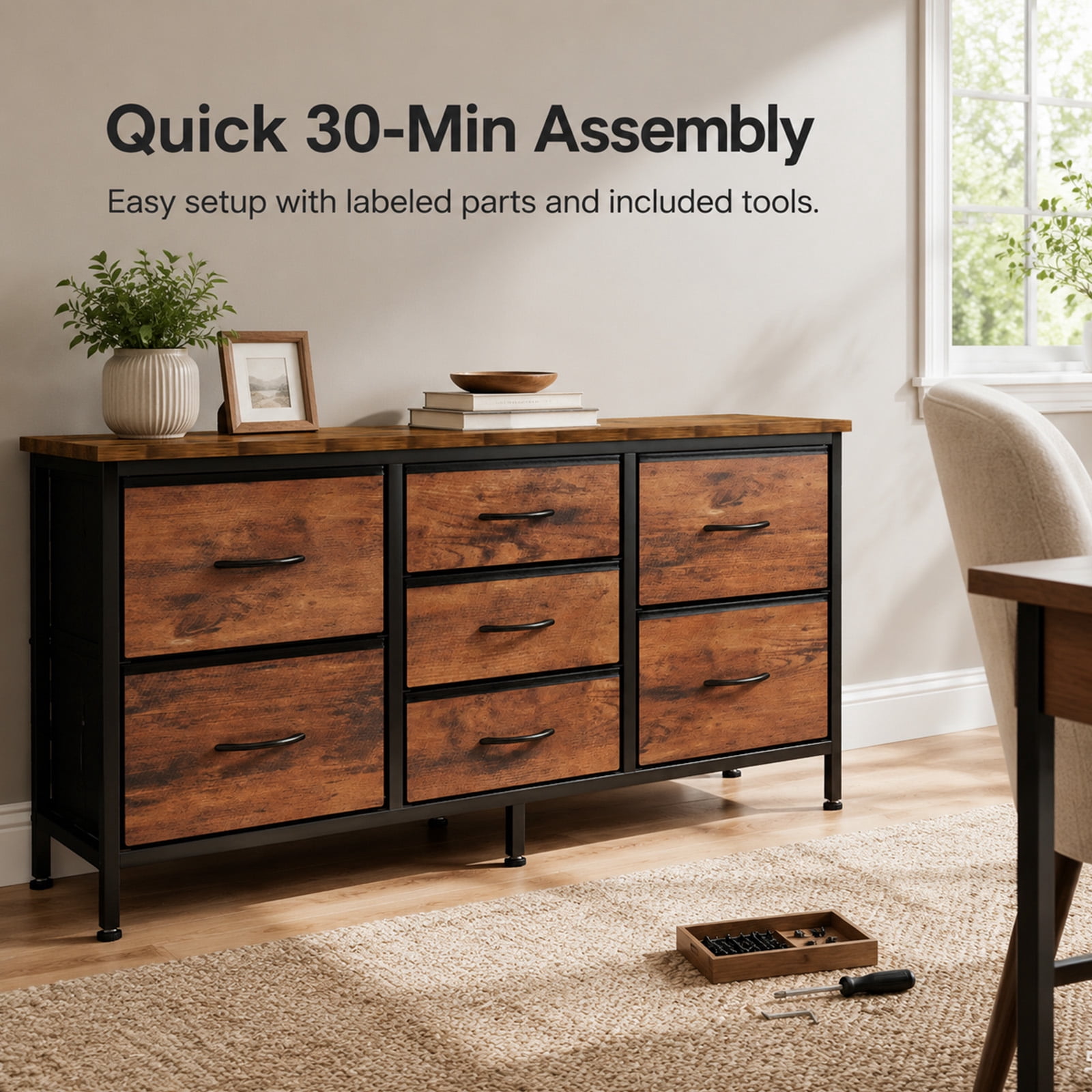 Alvantor 7 Drawer Fabric Dresser, Clothes Organizer Storage Tower for Bedroom, Chest of Drawers with Wooden Top, Metal Frame for Bedroom TV Stand