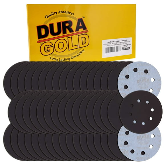 Dura-Gold Premium 5" 8-Hole Wet or Dry Sanding Discs - 1000 Grit, Box of 50 - High-Performance Sandpaper Discs with Hook & Loop Backing, Fast Cutting Silicon Carbide, Color Sanding, Auto Polishing