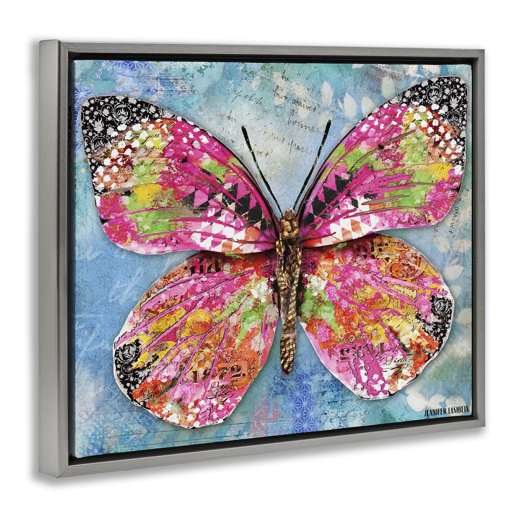 Stupell Industries Wonderland Butterfly Pattern Animals Painting Gray Floater Framed Canvas Art Print Wall Art, 21 x 17