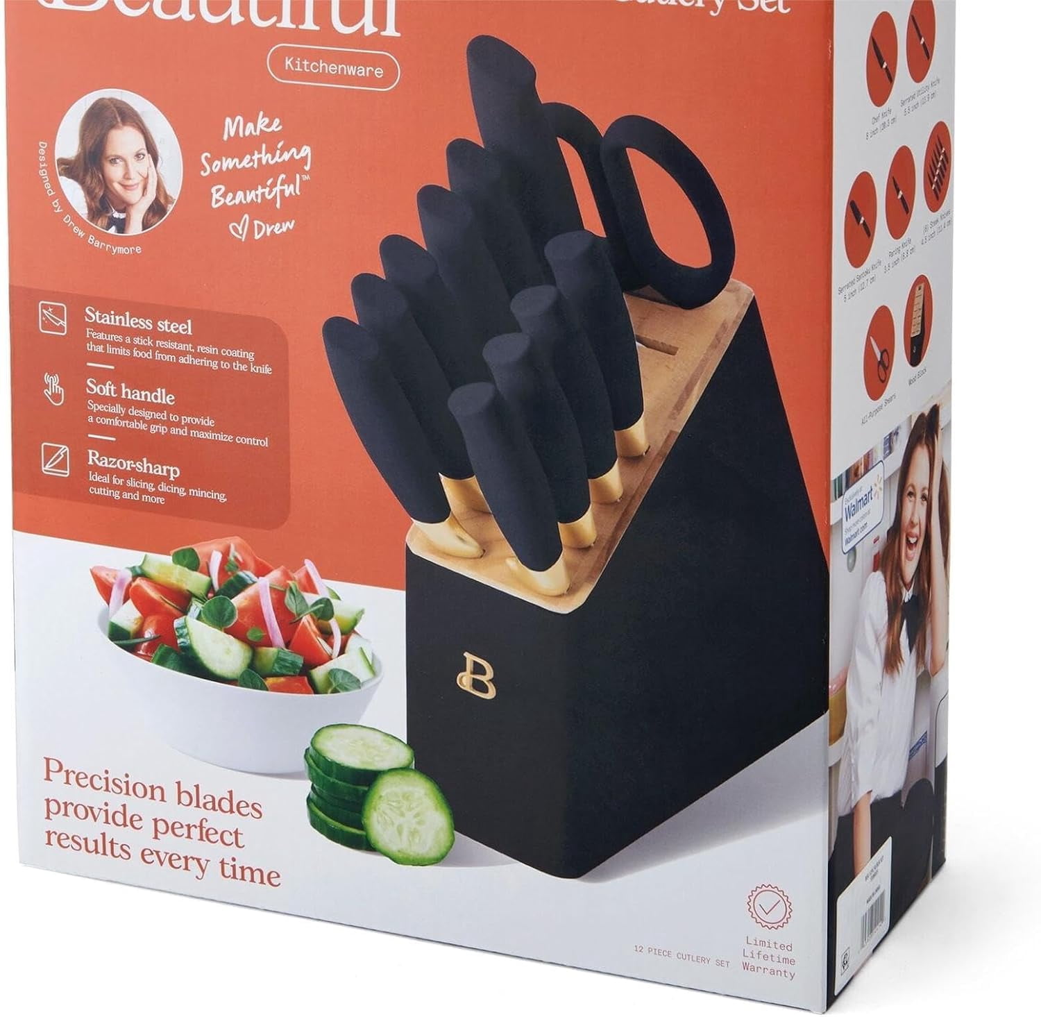 Beautiful 12 Piece Stainless Steel Knife Set Block Soft Grip Handles Black Sesame