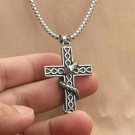 HOOUN Mens Stainless Steel Gothic Snake Cross Pendant Necklace Punk Retro Jewelry 24"